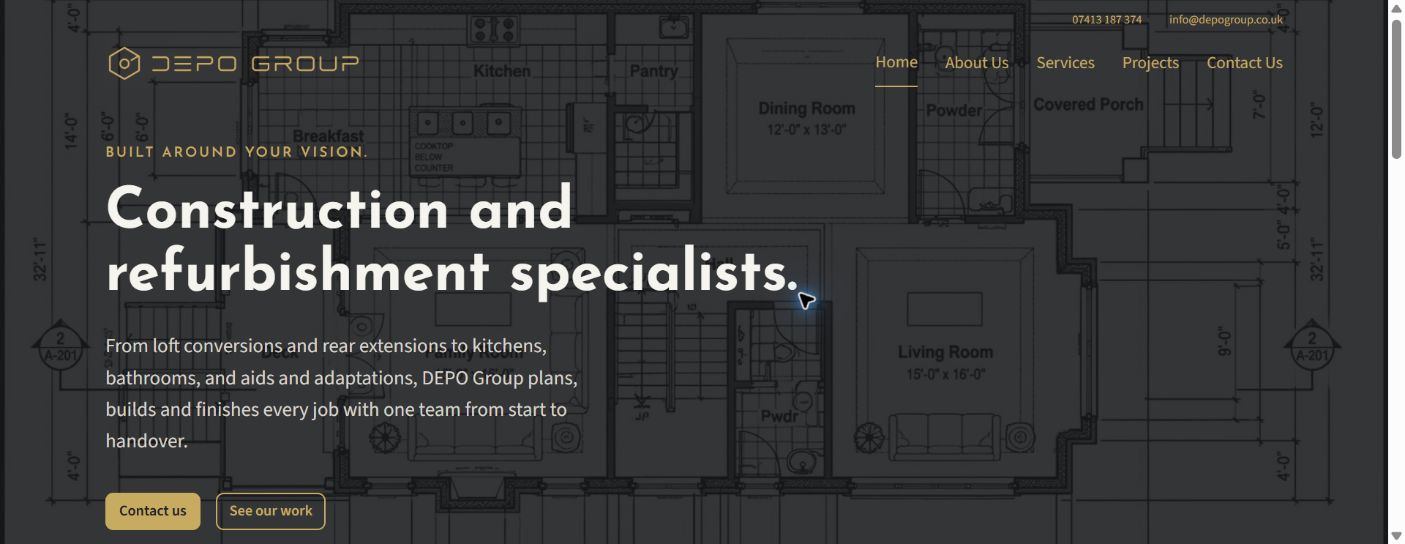 The DEPO Group website, featuring gold typography over an architectural drawing